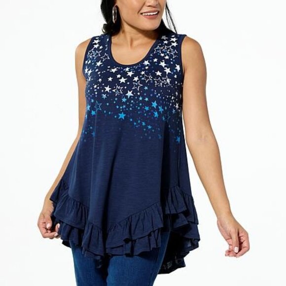 Diane Gilman Tops - NAVY w/WHITE STARS SLEEVELESS TOP    LARGE    #T